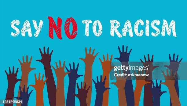 diverse raised hands - different races stock illustrations