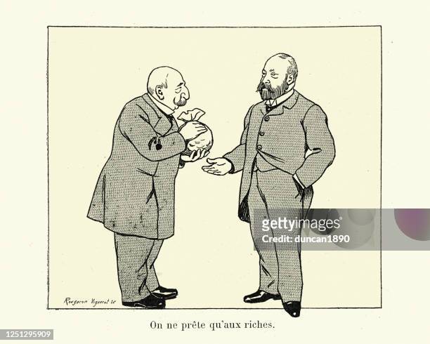 stockillustraties, clipart, cartoons en iconen met bankier die zak van geld aan rijke mens, victoriaans overhandigt - satire