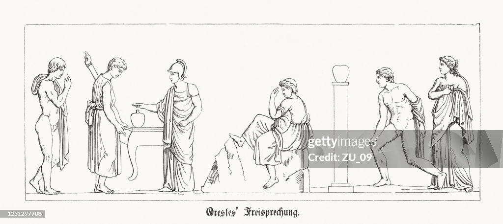 オレステスの無罪判決、ギリシャ神話、木彫り、1868年出版