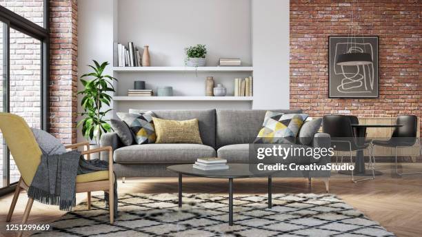 modern living room interior - 3d render - prateleira mobília imagens e fotografias de stock