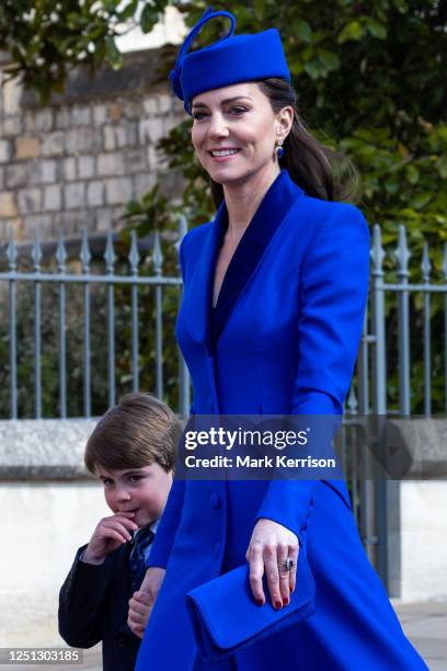 Catherine, Princess of Wales, and Prince Louis arrive to attend the Easter Sunday church service at St George's Chapel in Windsor Castle on 9 April...