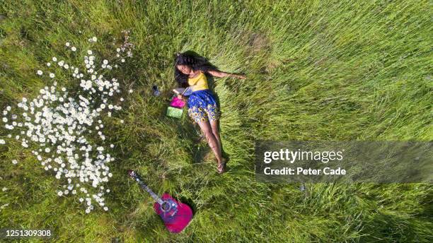 young woman relaxing on grass in summer - wiese von oben stock-fotos und bilder