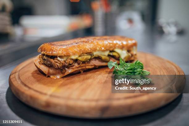 gehakte vleessandwich met geroosterde kaas, ham en augurken - sliced pickles stockfoto's en -beelden