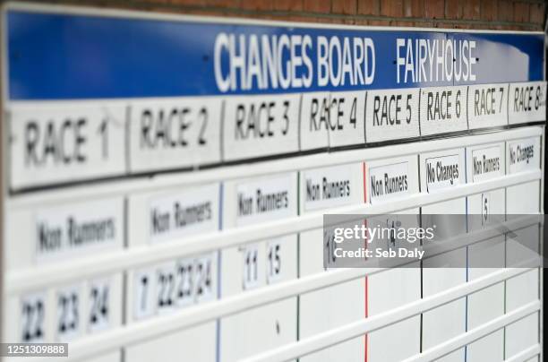 Meath , Ireland - 10 April 2023; A view of the changes board ahead of racing on day three of the Fairyhouse Easter Festival at Fairyhouse Racecourse...