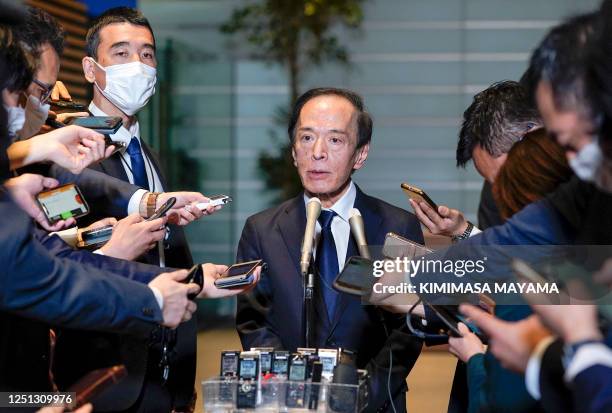 New Governor of Bank of Japan Kazuo Ueda speaks to journalists after meeting with Japanese Prime Minister Fumio Kishida at the premier's official...