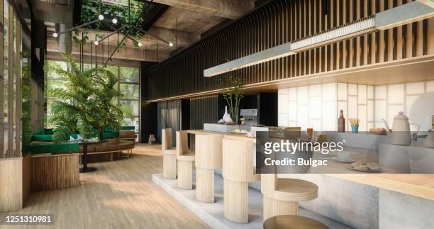 modern indoor café - modern cafe stock pictures, royalty-free photos & images