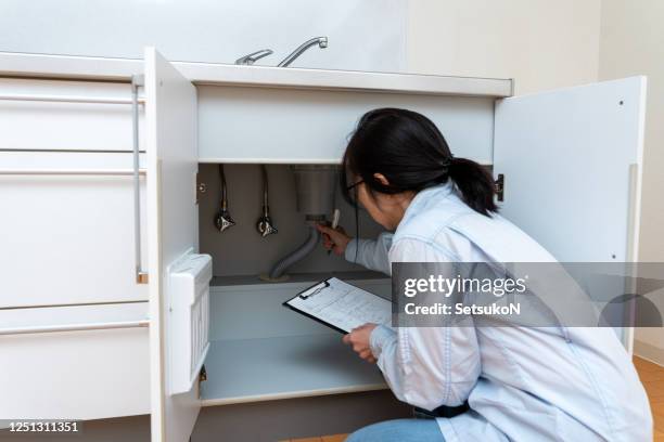 vrouw die huismateriaal controleert - kitchen straighten stockfoto's en -beelden