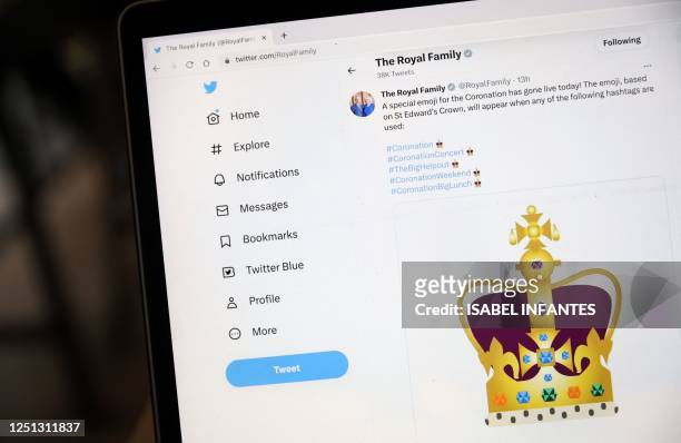 The Twitter account of Britain's Royal Family shows a new emoji, based on St Edward's Crown, and unveiled for the forthcoming Coronation of Britain's...