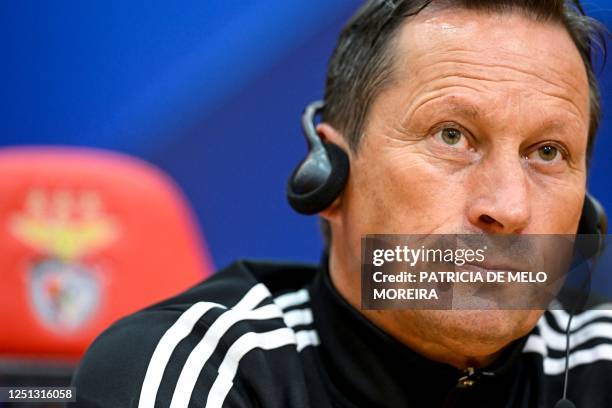 Benfica's German coach Roger Schmidt addresses a press conference at Benfica Campus training camp in Seixal, outskirts of Lisbon, on April 10 on the...
