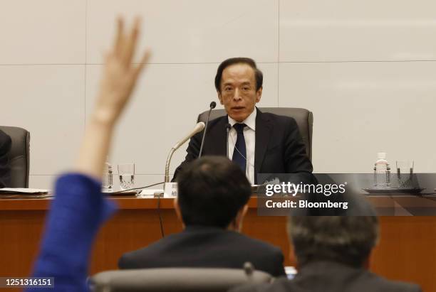 Kazuo Ueda, governor of the Bank of Japan , during a news conference at the central bank's headquarters in Tokyo, Japan, on Monday, April 10, 2023....