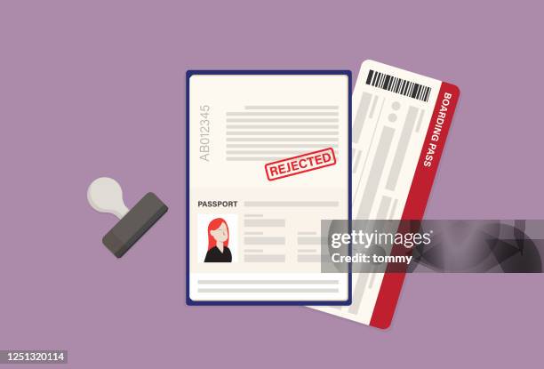 rejected passport, boarding pass, and rubber stamp - thumbs down stock illustrations
