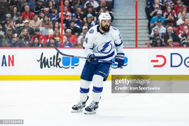 Tampa Bay Lightning Defenceman Zach Bogosian keeps eyes on the play during second period National Hockey League action between the Tampa Bay...