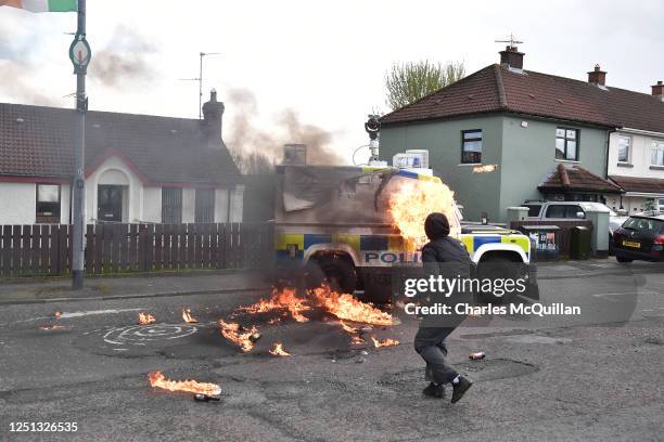 Police vehicle is attacked with petrol bombs ahead of a Dissident Republican parade on April 10, 2023 in Londonderry, Northern Ireland. Derry is host...