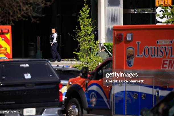 Law enforcement officers respond to an active shooter near the Old National Bank building on April 10, 2023 in Louisville, Kentucky. According to...