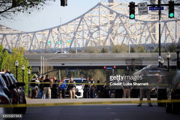Law enforcement officers respond to an active shooter near the Old National Bank building on April 10, 2023 in Louisville, Kentucky. According to...