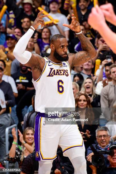 LeBron James of the Los Angeles Lakers celebrates during the game against the Utah Jazz on April 9, 2023 at Crypto.Com Arena in Los Angeles,...