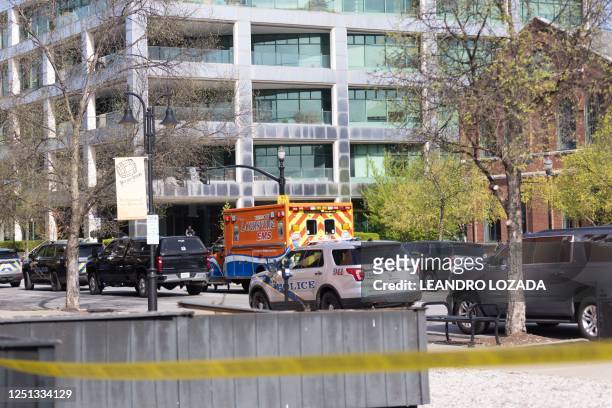 Picture shows the area where a shooting took place in downtown Louisville, Kentucky, on April 10, 2023 leaving five dead, including the gunman, and...