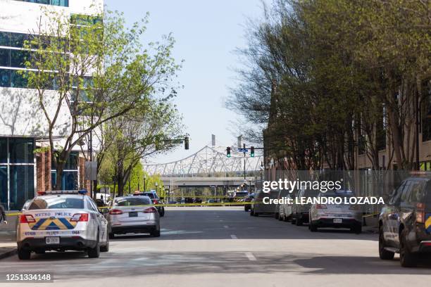 Picture shows the area where a shooting took place in downtown Louisville, Kentucky, on April 10, 2023 leaving five dead, including the gunman, and...