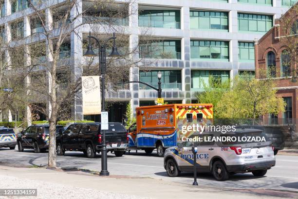 Picture shows the area where a shooting took place in downtown Louisville, Kentucky, on April 10, 2023 leaving five dead, including the gunman, and...