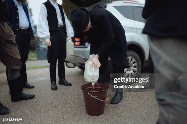 Boys and younger men from the Ilosvai Selymes Peter folk dance group prepare buckets of cold water as they attend the traditional watering of local...