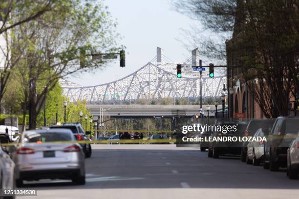 Picture shows the area where a shooting took place in downtown Louisville, Kentucky, on April 10, 2023 leaving five dead, including the gunman, and...