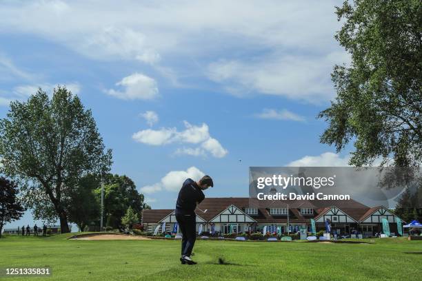 Robert Rock of England plays his second shot on the 18th hole during the Clutch Pro Tour event at Sandwell Park Golf Club on June 22, 2020 in West...