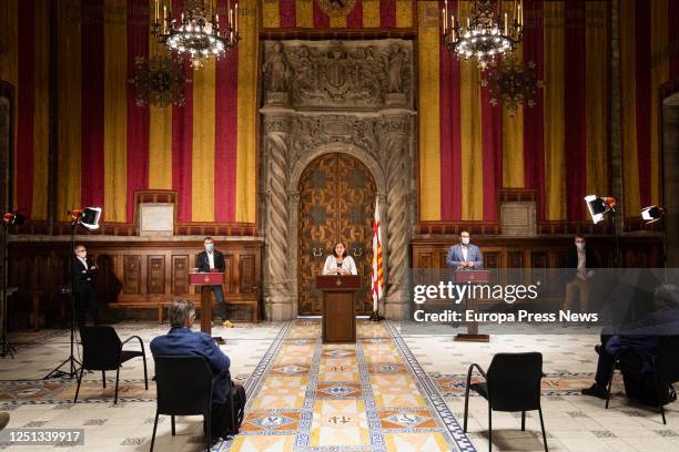 The mayor of Terrasa, Jordi Ballart , the mayor of Barcelona, ​​Ada Colau and the mayor of Mataro, David Bote , are seen during the presentation of...