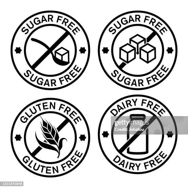 ilustrações de stock, clip art, desenhos animados e ícones de collection sticker label icons of sugar, dairy and gluten free - modificação genética