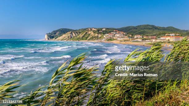 view of picturesque agios stefanos (saint stephen) bay, beach and village, with windy sea and reed in the foreground, corfu island, greece, europe. - ケルキラ島 ストックフォトと画像