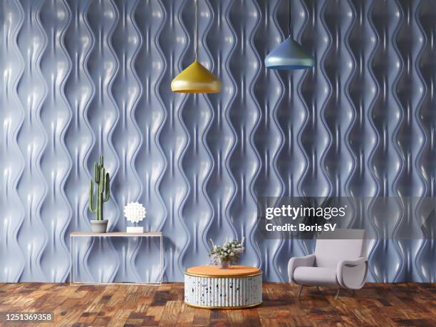 blue room in mid-century style - pendant light stock pictures, royalty-free photos & images