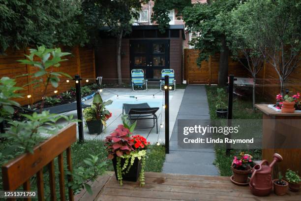 back yard with a small swimming pool - small garden stock pictures, royalty-free photos & images