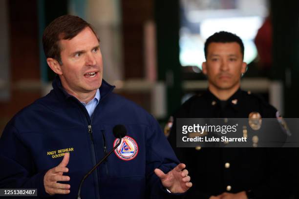 Andy Beshear, Governor of Kentucky, speaks during a news conference after a gunman opened fire at the Old National Bank building on April 10, 2023 in...