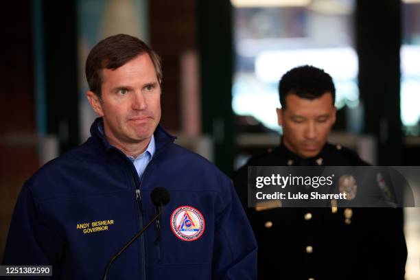 Andy Beshear, Governor of Kentucky, speaks during a news conference after a gunman opened fire at the Old National Bank building on April 10, 2023 in...