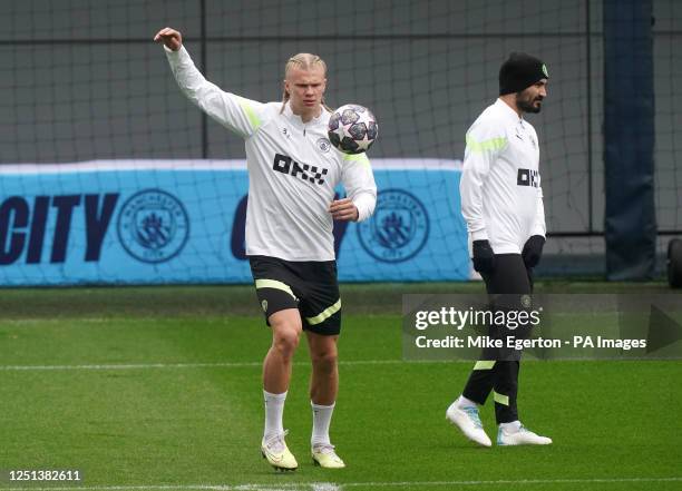 Manchester City's Erling Haaland during a training session at the City Football Academy, Manchester. Picture date: Monday April 10, 2023.