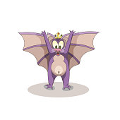 Little purple bat as a cartoon character with a crown on white isolated background, vector illustration for Animals or Wildlife topic, concept of Funny Picture, Childhood good for prints or stickers.
