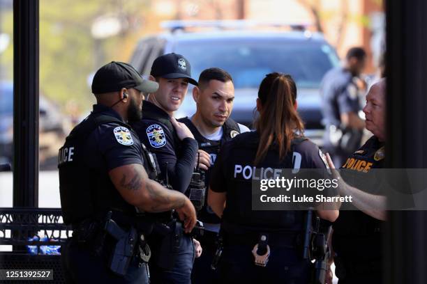 Law enforcement officers respond to an active shooter at the Old National Bank building on April 10, 2023 in Louisville, Kentucky. According to...