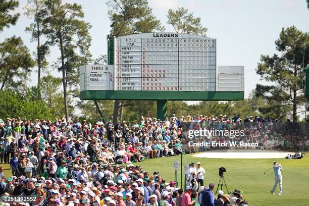 General view of the leaderboard as Russell Henley in action, hits the ball during Sunday play at Augusta National. Augusta, GA 4/9/2023 CREDIT: Erick...