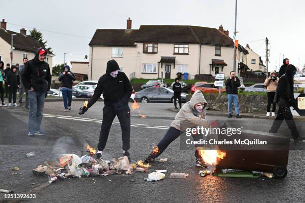 Dissident republican youths create a road block following an illegal Dissident march in the Creggan area on April 10, 2023 in Londonderry, Northern...