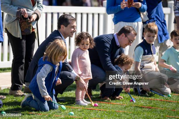 Secretary of Transportation Pete Buttigieg and husband Chasten Buttigieg and their children Penelope and Gus attend the annual Easter Egg Roll on the...