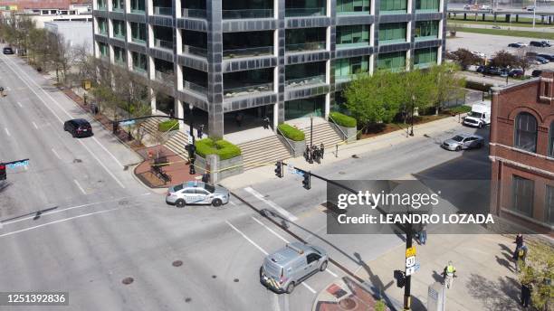 Picture shows the area where a shooting took place in downtown Louisville, Kentucky, on April 10, 2023 leaving five dead, including the gunman, and...