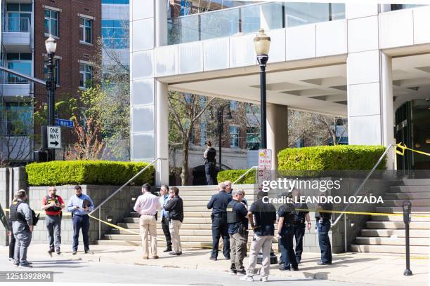 Picture shows the area where a shooting took place in downtown Louisville, Kentucky, on April 10, 2023 leaving five dead, including the gunman, and...