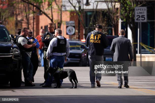 Officers with the U.S. Bureau of Alcohol, Tobacco, and Firearms respond to an active shooter at the Old National Bank building on April 10, 2023 in...