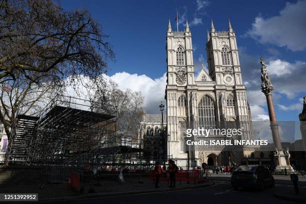 Barriers and platforms are picture outside of Westminster Abbey in central London on April 10 as preparations get underway ahead of the Coronation of...