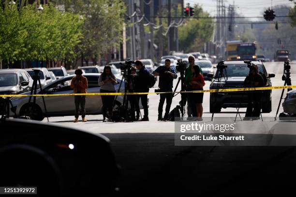 Members of the media work at the scene of an active shooter at the Old National Bank building on April 10, 2023 in Louisville, Kentucky. According to...