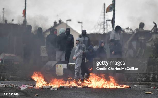 Dissident republican youths create a road block following an illegal Dissident march in the Creggan area on April 10, 2023 in Londonderry, Northern...