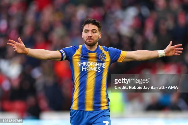 Luke Leahy of Shrewsbury Town reacts during the Sky Bet League One between Barnsley and Shrewsbury Town at Oakwell Stadium on April 10, 2023 in...
