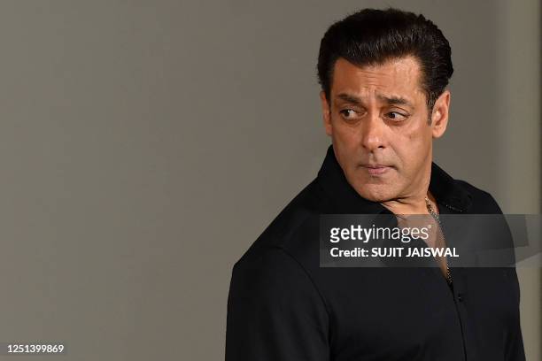 Bollywood actor Salman Khan poses during the trailer launch of his upcoming film 'Kisi Ka Bhai Kisi Ki Jaan' in Mumbai on April 10, 2023.