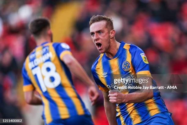 Killian Phillips of Shrewsbury Town celebrates after scoring a goal to make it 2-1 during the Sky Bet League One between Barnsley and Shrewsbury Town...