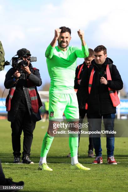 Wrexham goalkeeper Ben Foster celebrates after the Vanarama National League match between Wrexham and Notts County at the Racecourse Ground on April...