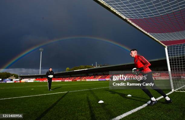 Derry , United Kingdom - 10 April 2023; Bohemians goalkeeper Luke Dennison warms-up before the SSE Airtricity Men's Premier Division match between...